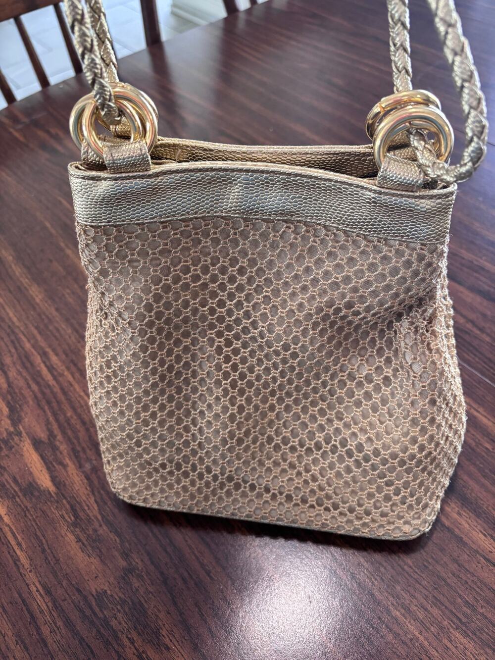 Tianni Gold Mesh Shoulder Bag Matching Wristlet Metallic Evening Purse Vintage